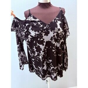 INC Floral Top Womens XL Black Sheer Cold Shoulder Ruffle Whimsigoth Lined